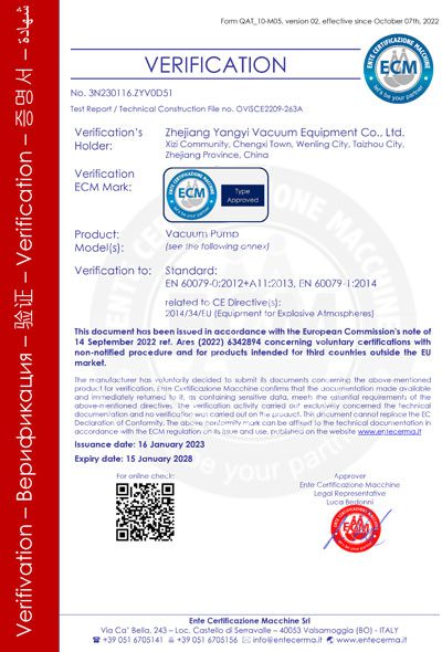 Certificate-A2L ATEX certificate for HVAC vacuum pumps and recovery machines