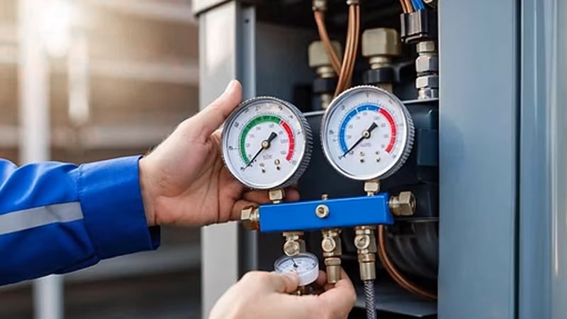Refrigerant gauges showing slow pressure change