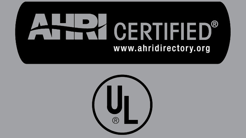 A close-up of a label on a new recovery machine, showing the official AHRI Certified and UL Listed logos side-by-side