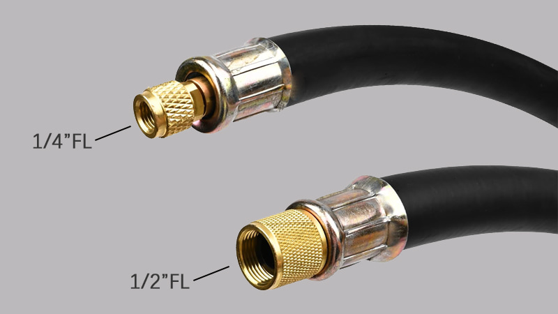 A side-by-side visual: on the left, a thin 1/4-inch yellow hose; on the right, a thick 1/2-inch black vacuum-rated hose, showing the difference in diameter