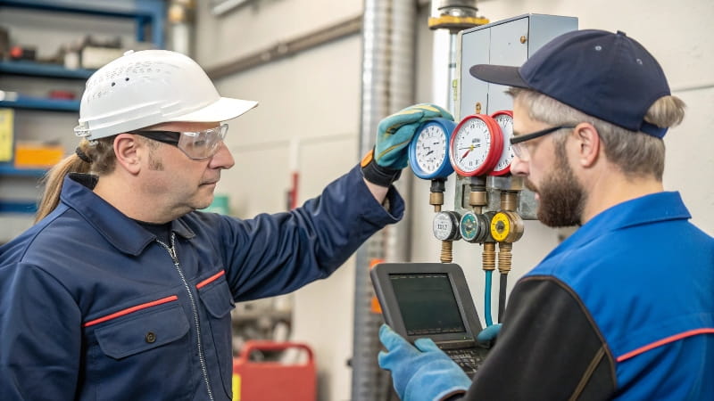 A professional technician showing a customer the reading on their digital manifold gauges, explaining the service