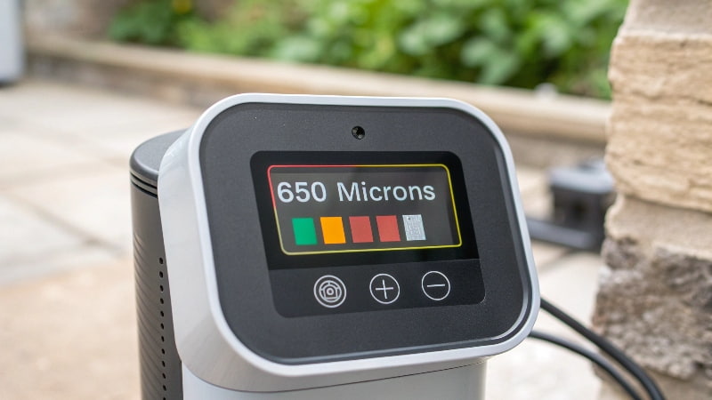 A close-up on the digital display of a battery-powered vacuum pump, showing both the battery life indicator and the micron reading