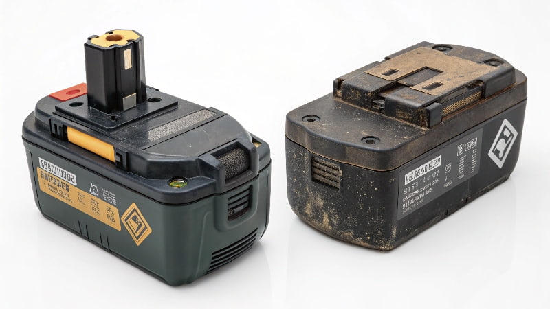 A visual comparison of two batteries: on the left, a brand new, pristine power tool battery; on the right, an identical but heavily used battery with scuffs and worn labels