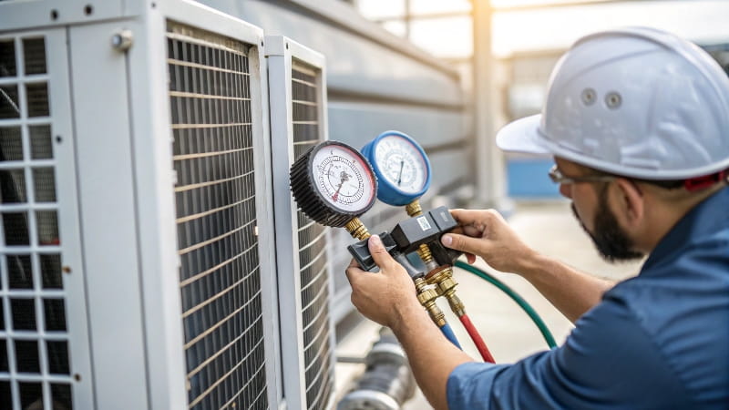 A close-up on a micron gauge connected to an HVAC system, showing that the technician is properly pulling a deep vacuum before charging