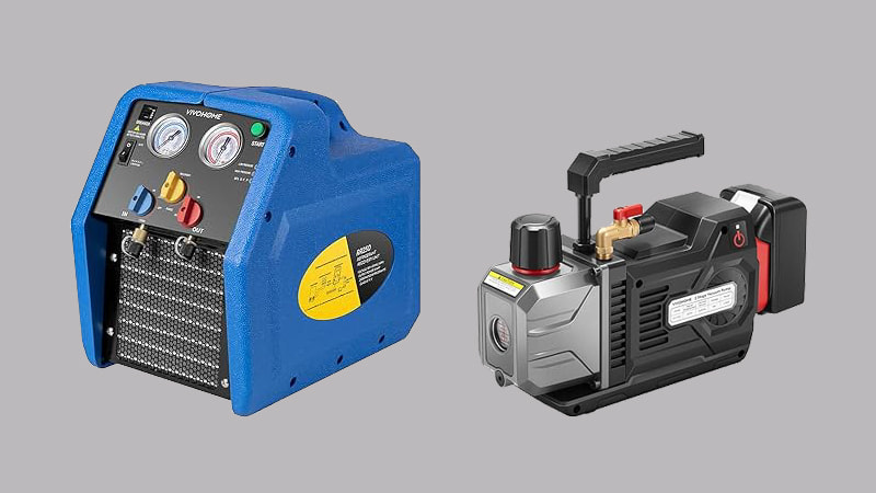 A clear side-by-side photograph of a red refrigerant recovery machine and a blue HVAC vacuum pump on a workbench, showing their distinct designs