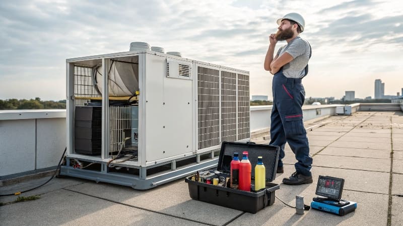 Technician looking thoughtfully at a complex HVAC system, considering different leak detection tools laid out nearby