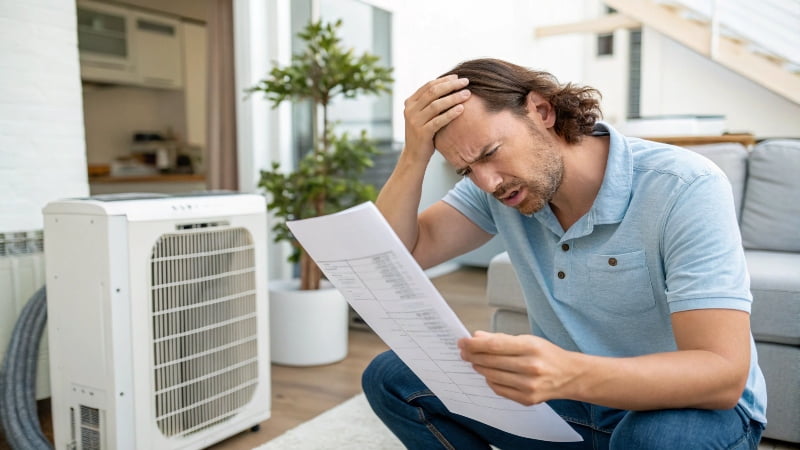 A frustrated homeowner looking at a very long, expensive-looking repair bill while their broken AC unit sits in the background