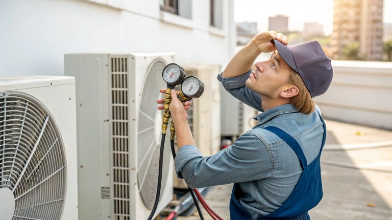 A person without a uniform or proper tools trying to connect a single gauge to an AC unit, looking confused