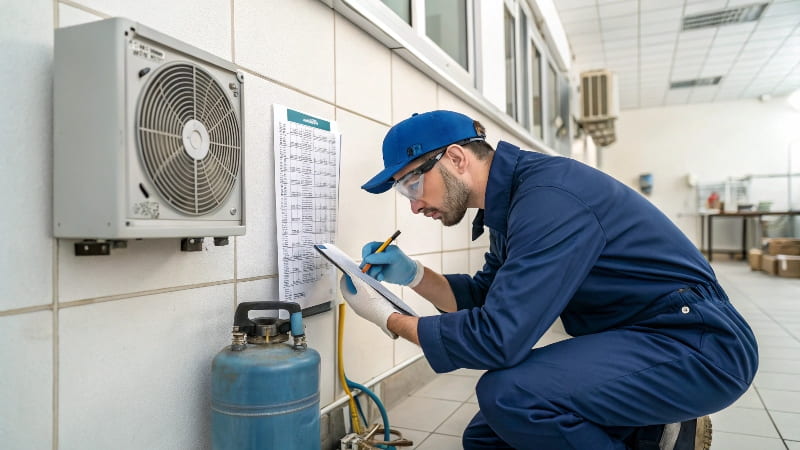 A technician double-checking the refrigerant type listed on the AC unit's data plate before connecting a refrigerant tank