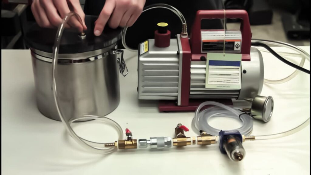 technician using vacuum chamber for resin